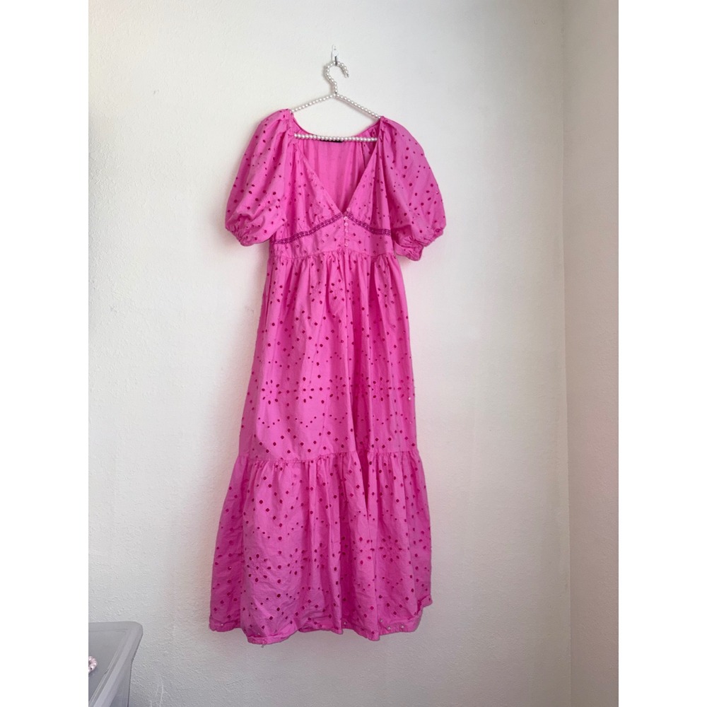 Zara Eyelet Maxi Dress Medium Pink Excellent Puff Sleeve Tiered Boho